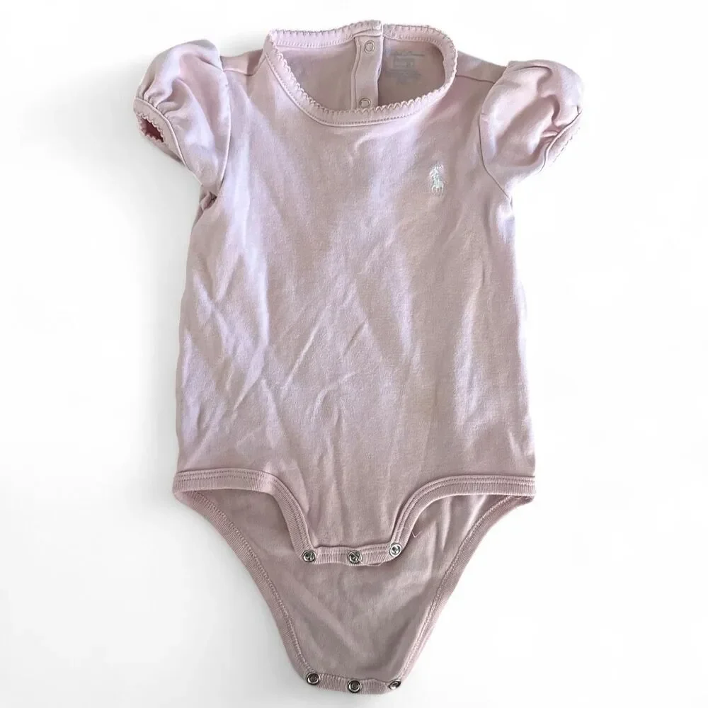 Ralph Lauren Baby Girls Pink Pony Logo Bodysuit | Puff Sleeve | 18 Months